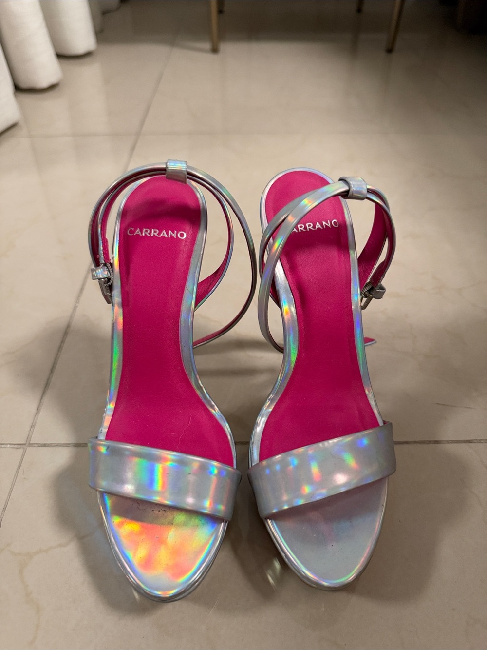 Carrano Holographic Strap Heels in Hot Pink